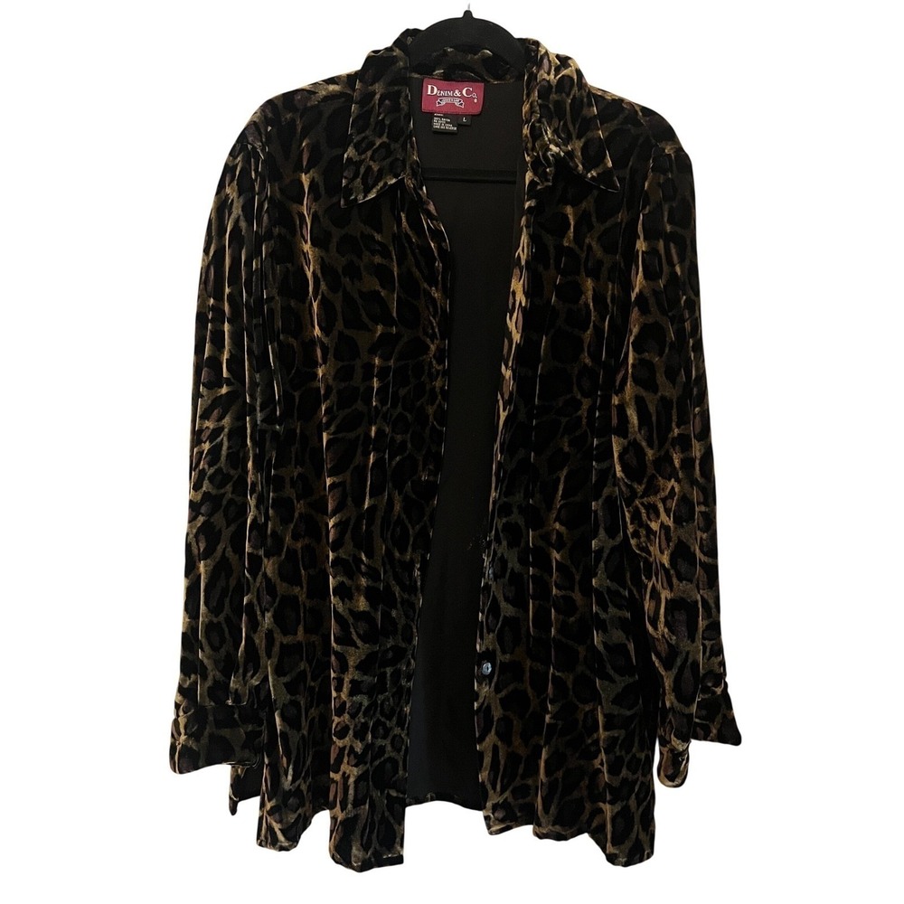 Vtg Denim & Co Leopard Print Velvet Button Down Shirt Brown Black Animal Print L - Picture 2 of 9